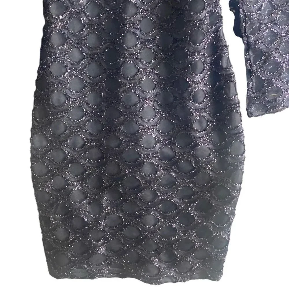 New CBR Black Fitted Festive Party Dress. Sparkly Flocked Fabric Over Lace. M